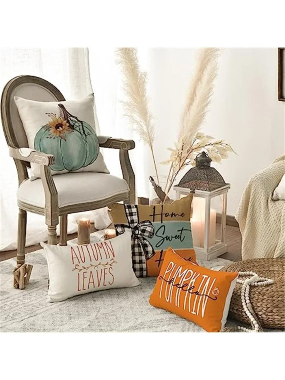 colorlife Fall Pumpkin Home Sweet Home Throw Pillow Covers, 18 x 18 Inch